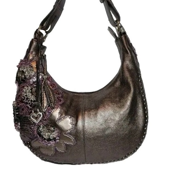 BRIGHTON Fabiola Appliqué Masterpiece 3D Floral Shoulder Bag Bronzed Pewter - Picture 6 of 16